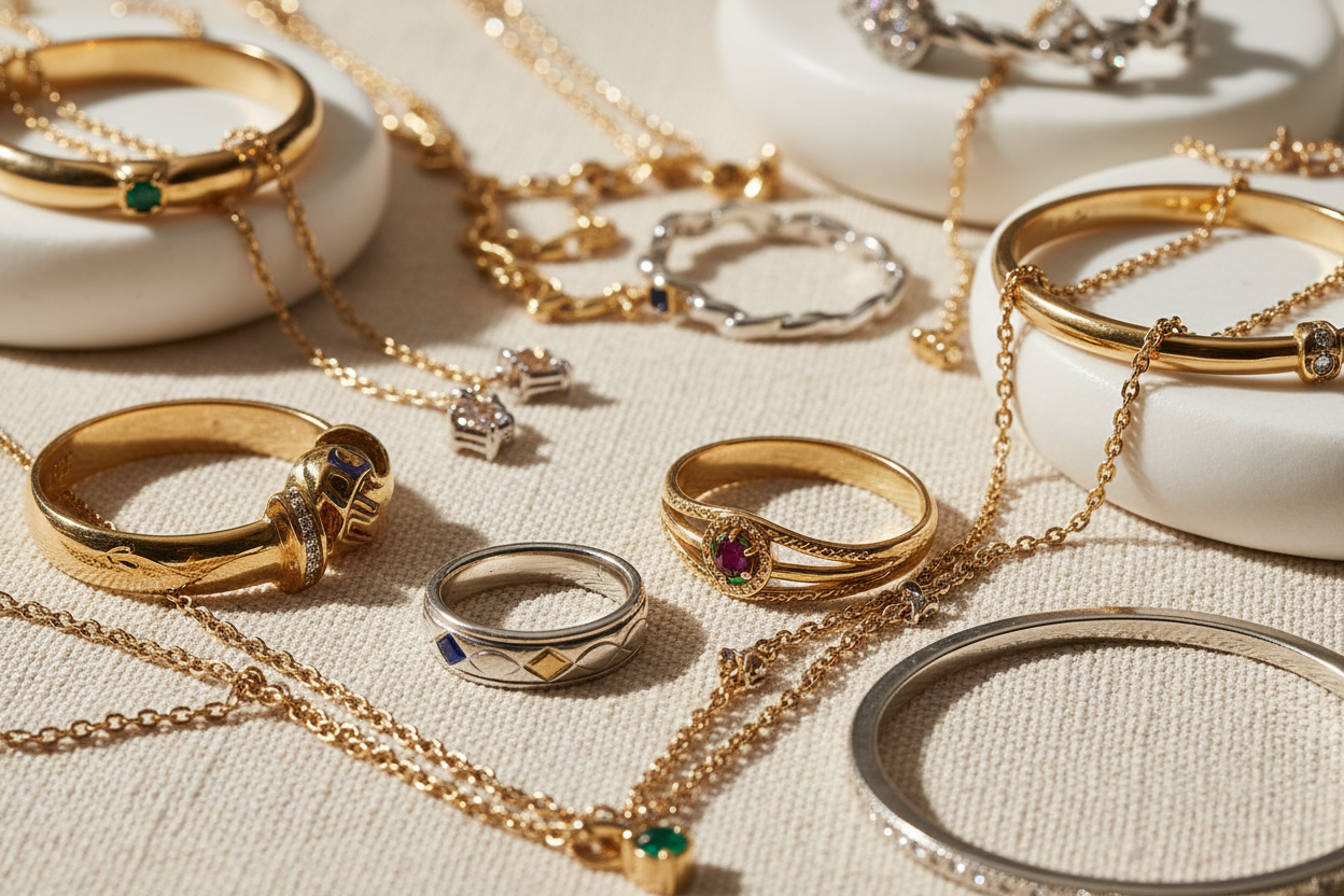 an assortment of gold and silver rings, necklaces and bracelets